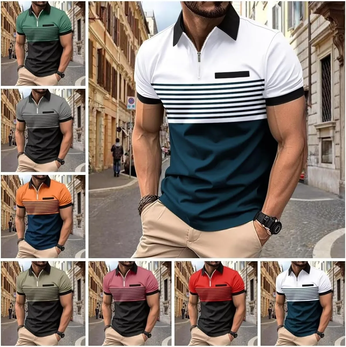 Men's Polo Shirts Short Sleeve 2025 Casual Polo T Shirt Color Block Slim Fit Golf Shirts with Pocket