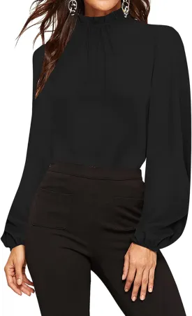 OYOANGLE Women's Elegant Mock Neck Bishop Long Sleeve Blouse Work Casual Pleated Shirt Tops