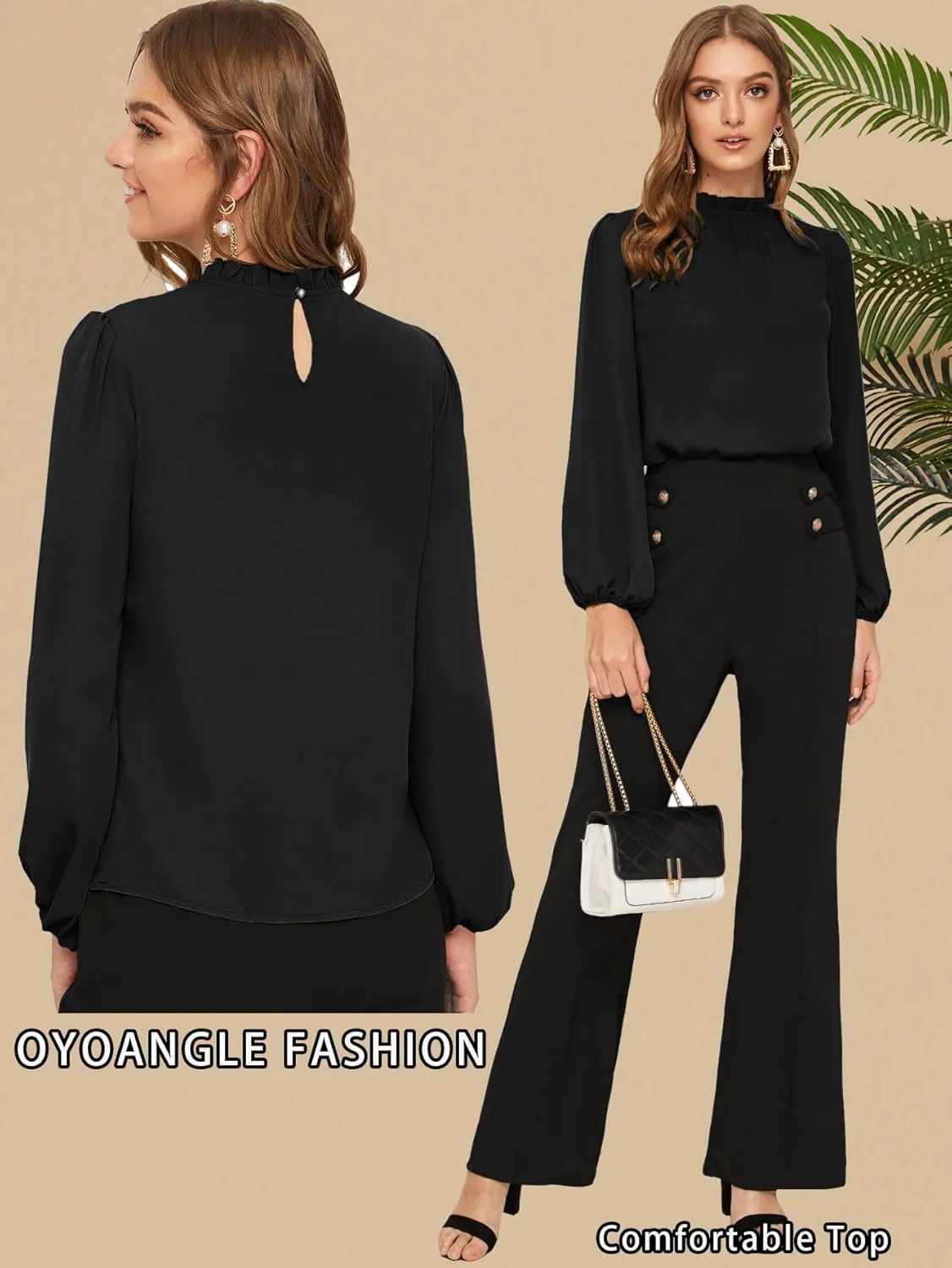 OYOANGLE Women's Elegant Mock Neck Bishop Long Sleeve Blouse Work Casual Pleated Shirt Tops