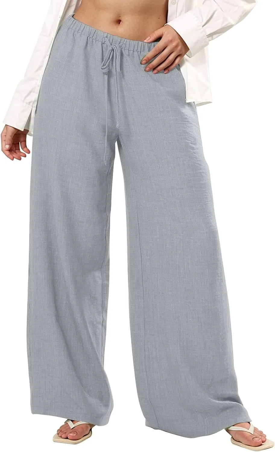 Palazzo Linen Pants for Women Elastic High Waisted Wide Leg Beach Pants Casual Summer Loose Flowy Trousers with Pocket