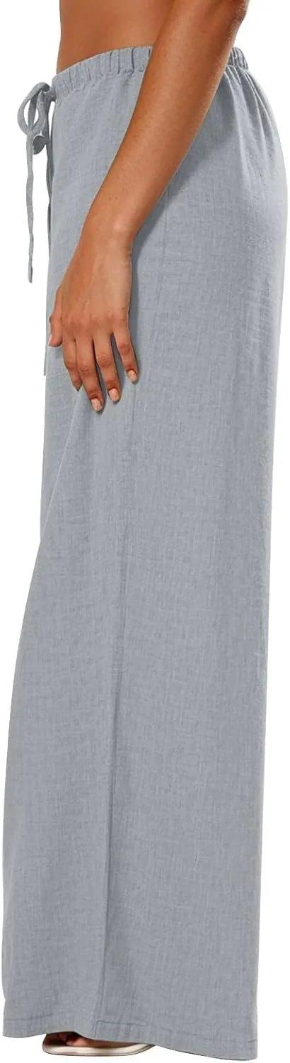 Palazzo Linen Pants for Women Elastic High Waisted Wide Leg Beach Pants Casual Summer Loose Flowy Trousers with Pocket