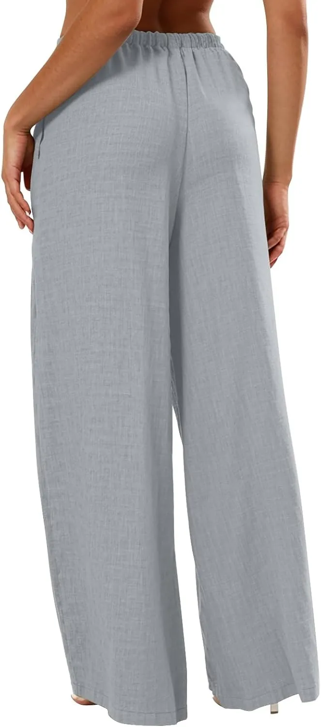 Palazzo Linen Pants for Women Elastic High Waisted Wide Leg Beach Pants Casual Summer Loose Flowy Trousers with Pocket