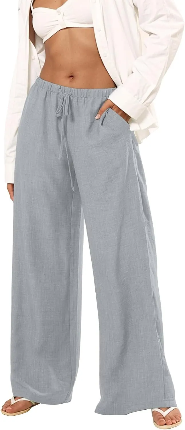 Palazzo Linen Pants for Women Elastic High Waisted Wide Leg Beach Pants Casual Summer Loose Flowy Trousers with Pocket
