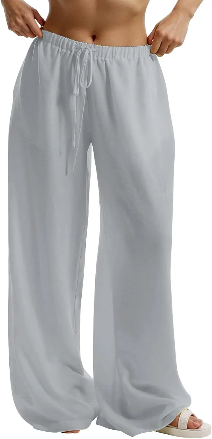 Palazzo Linen Pants for Women Elastic High Waisted Wide Leg Beach Pants Casual Summer Loose Flowy Trousers with Pocket