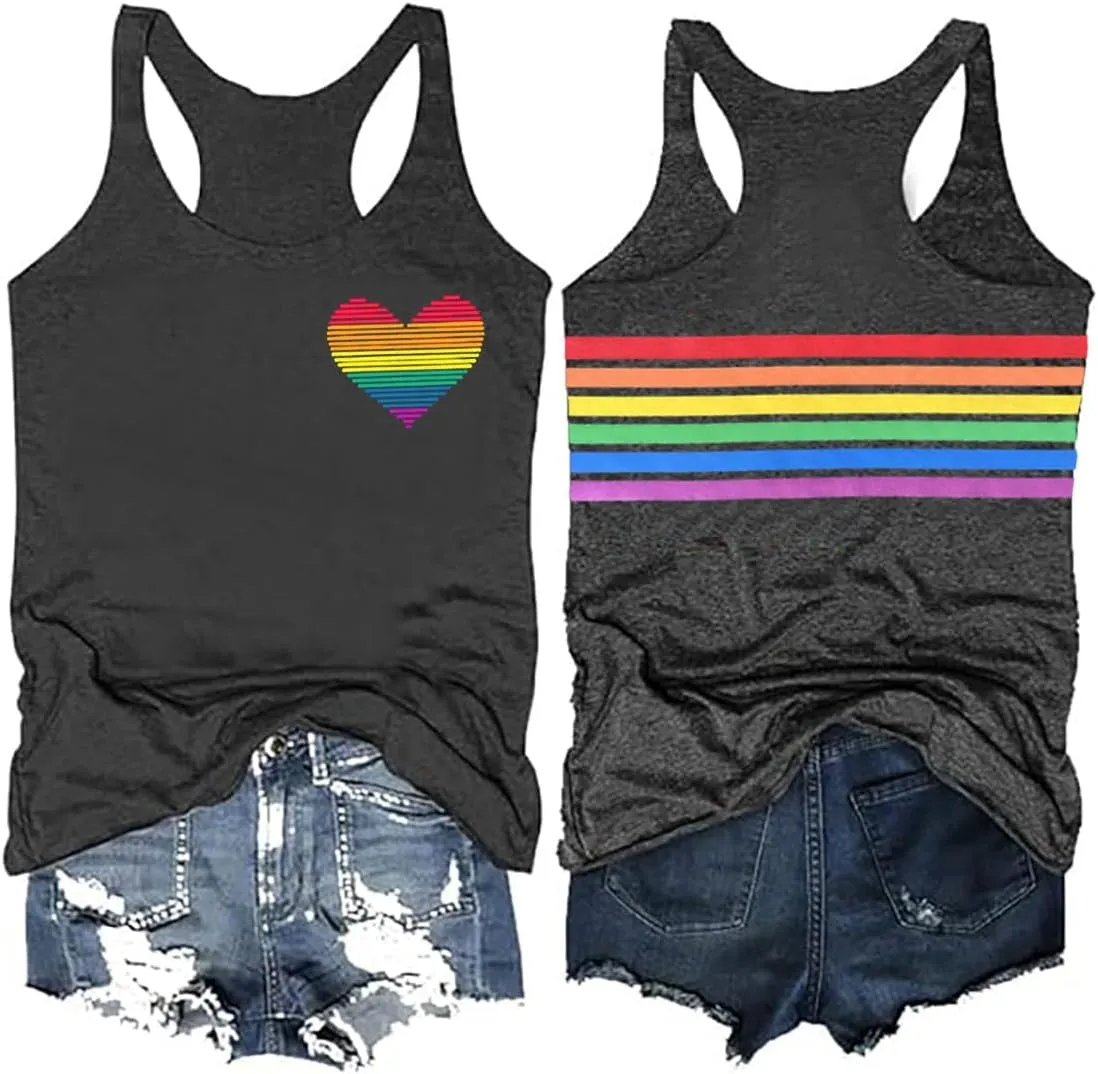 Pride LGBTQ Tank Top Women Love Heart Rainbow Flag Tshirt Lesbian Pride Top Sleeveless Graphic Vest Tee