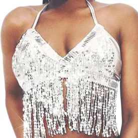 Reetan Sequin Tassel Crop Top Sparkly Belly Dance Bra Festival Rave Halter Top for Women