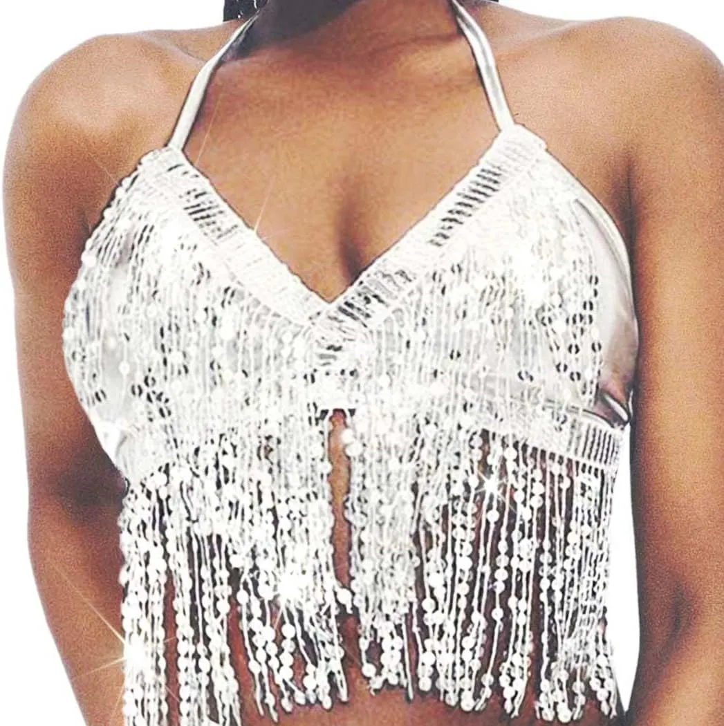 Reetan Sequin Tassel Crop Top Sparkly Belly Dance Bra Festival Rave Halter Top for Women