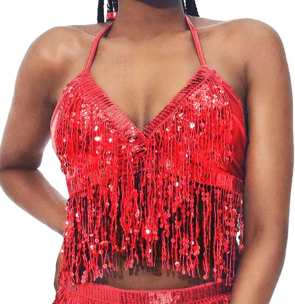 Reetan Sequin Tassel Crop Top Sparkly Belly Dance Bra Festival Rave Halter Top for Women