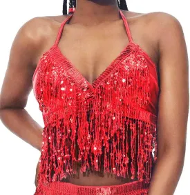 Reetan Sequin Tassel Crop Top Sparkly Belly Dance Bra Festival Rave Halter Top for Women