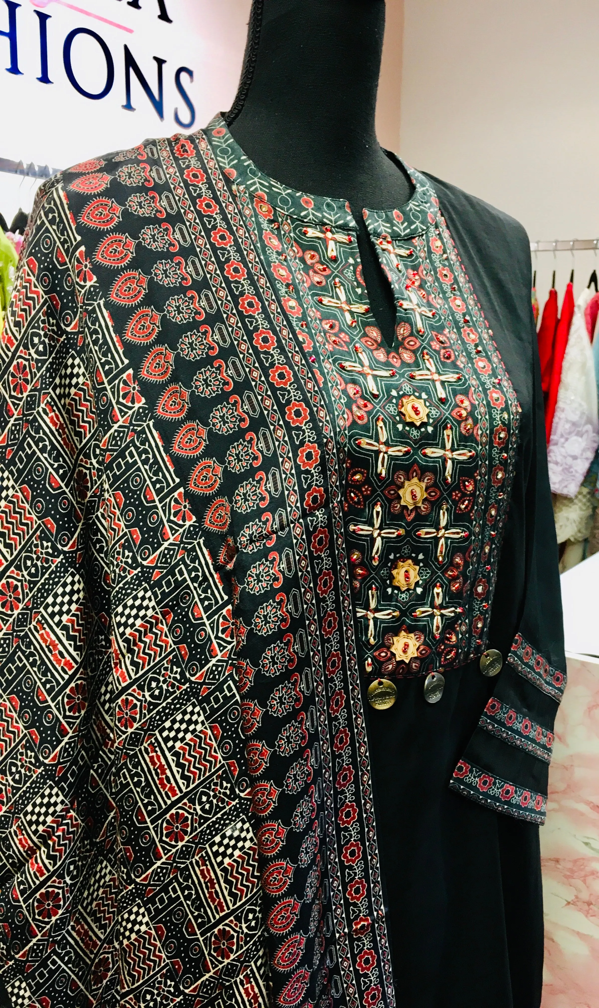 RFSS1725 - Crepe Silk Suit in Black with Ajrakh yoke, Pants, and Dupatta