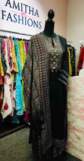 RFSS1725 - Crepe Silk Suit in Black with Ajrakh yoke, Pants, and Dupatta