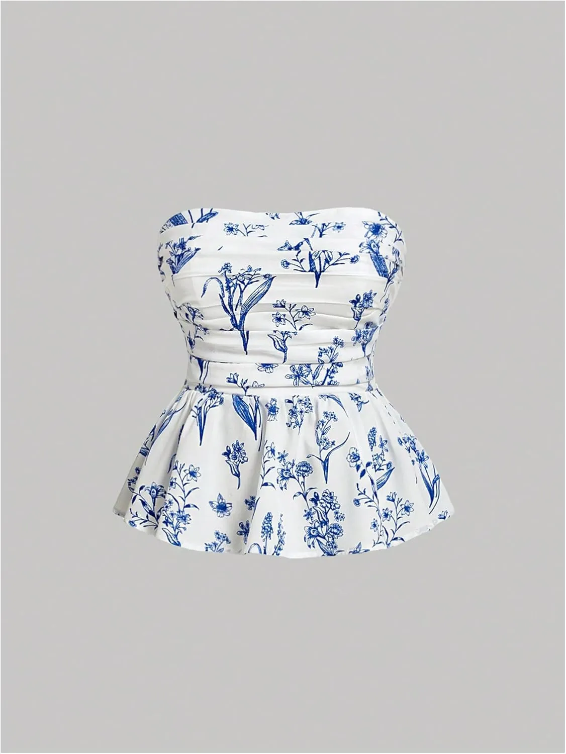 SHENHE Women's Floral Print Ruffle Hem Top Strapless Ruched Smocked Cute Peplum Top