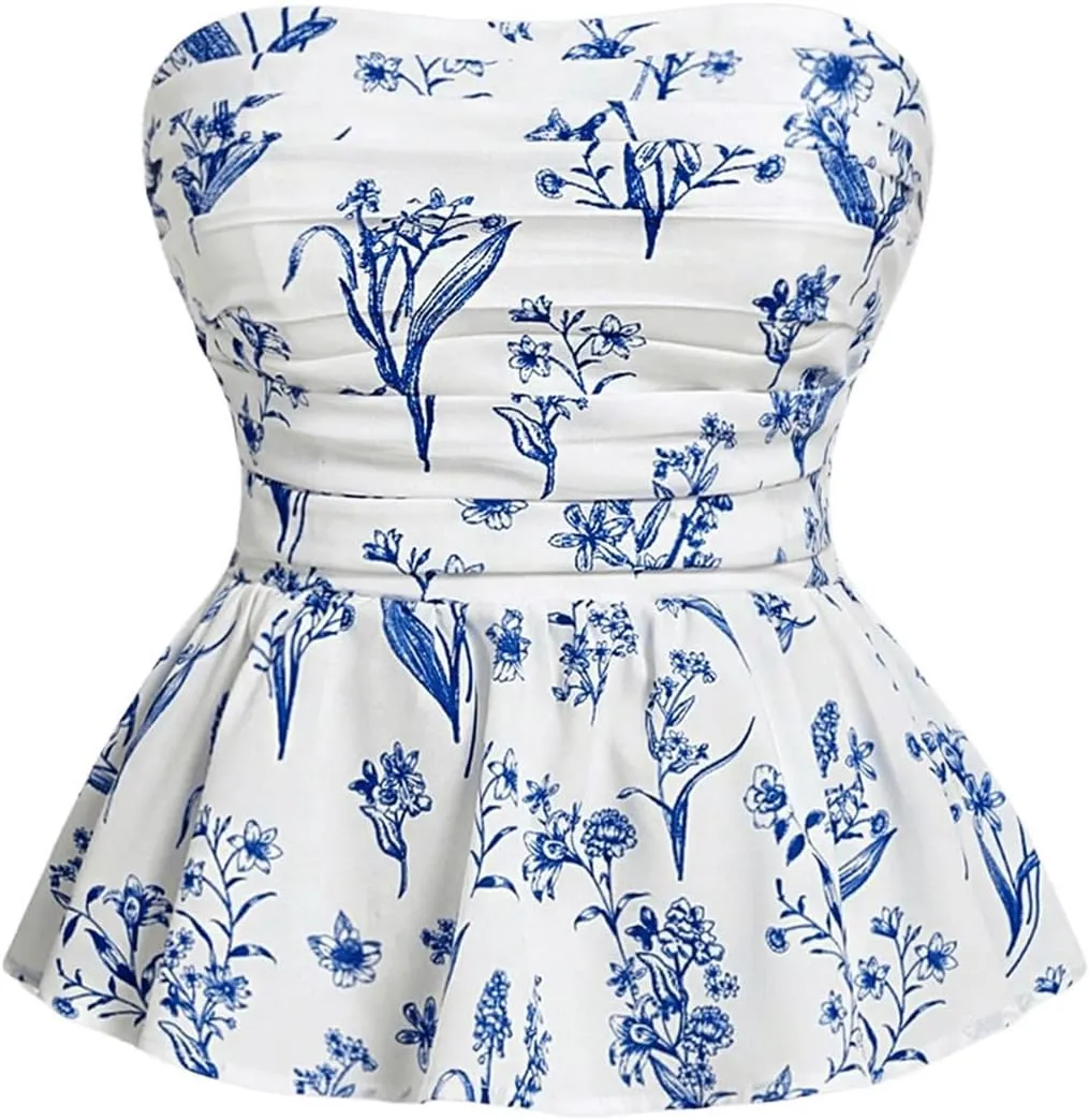 SHENHE Women's Floral Print Ruffle Hem Top Strapless Ruched Smocked Cute Peplum Top