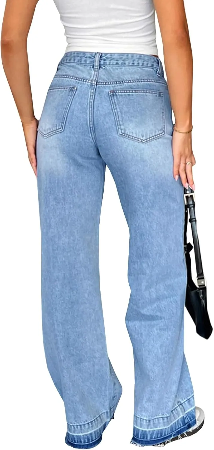 Straight Leg Jeans for Women Stretch High Waisted Wide Leg Baggy Jeans Y2k Boyfriend Denim Pants