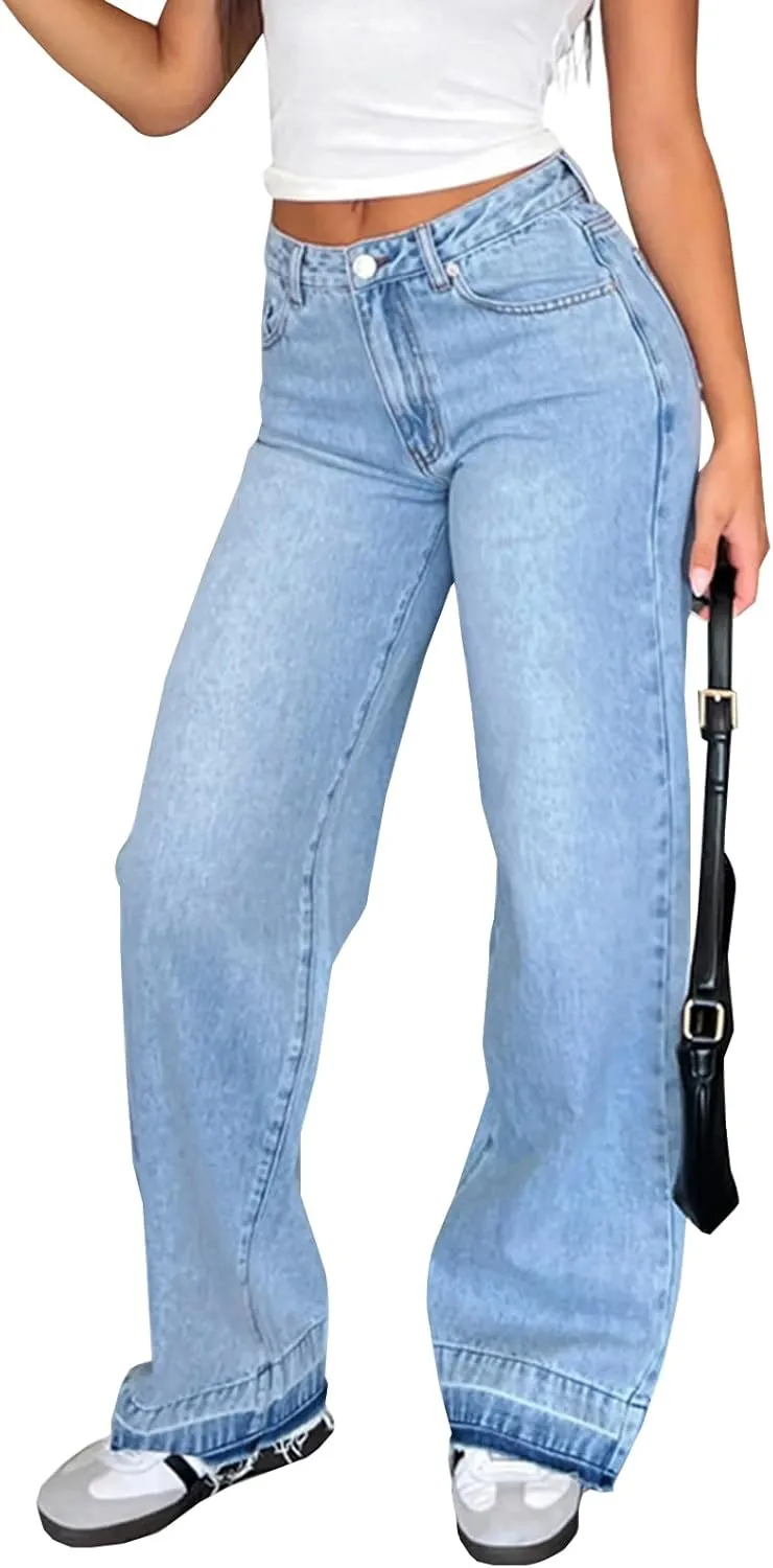 Straight Leg Jeans for Women Stretch High Waisted Wide Leg Baggy Jeans Y2k Boyfriend Denim Pants