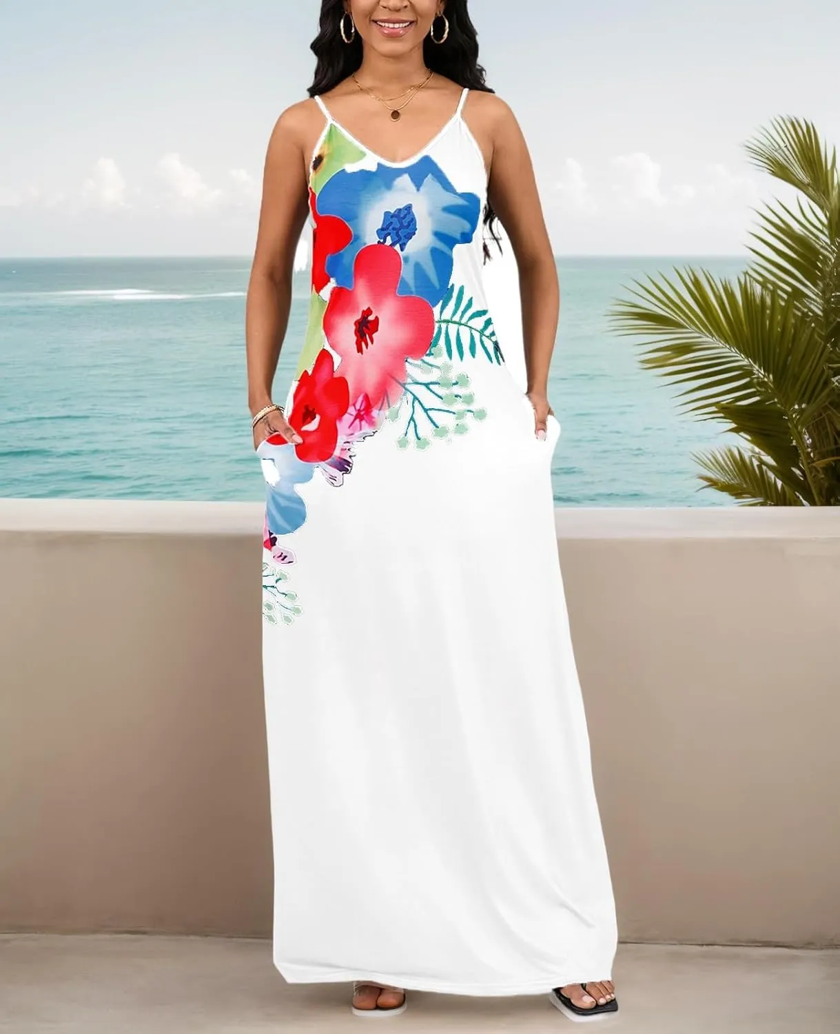Summer Maxi Dress for Women 2025 Plus Size Casual Sexy Floral Sleeveless Vacation Long Sundresses with Pockets