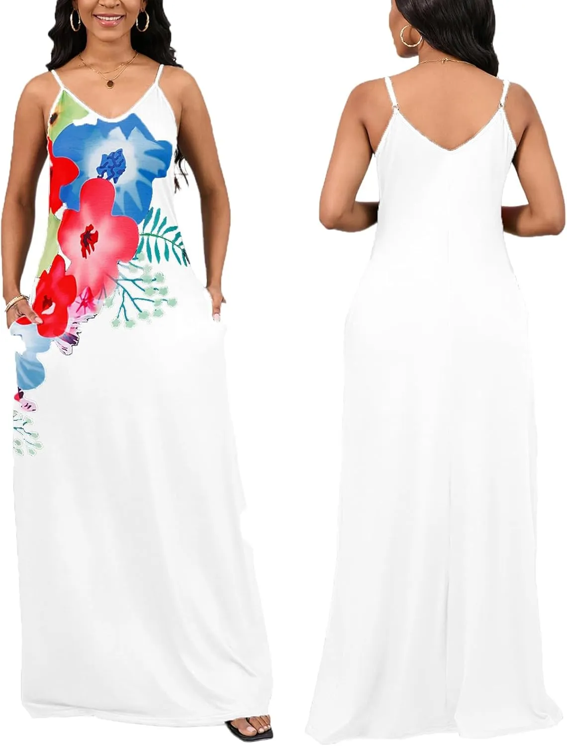 Summer Maxi Dress for Women 2025 Plus Size Casual Sexy Floral Sleeveless Vacation Long Sundresses with Pockets