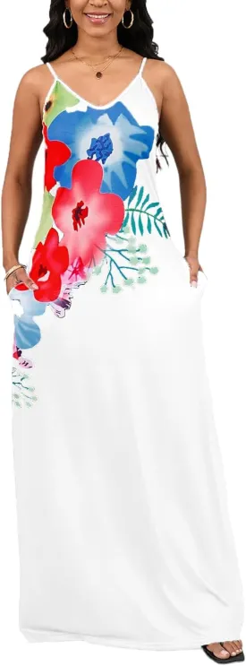 Summer Maxi Dress for Women 2025 Plus Size Casual Sexy Floral Sleeveless Vacation Long Sundresses with Pockets