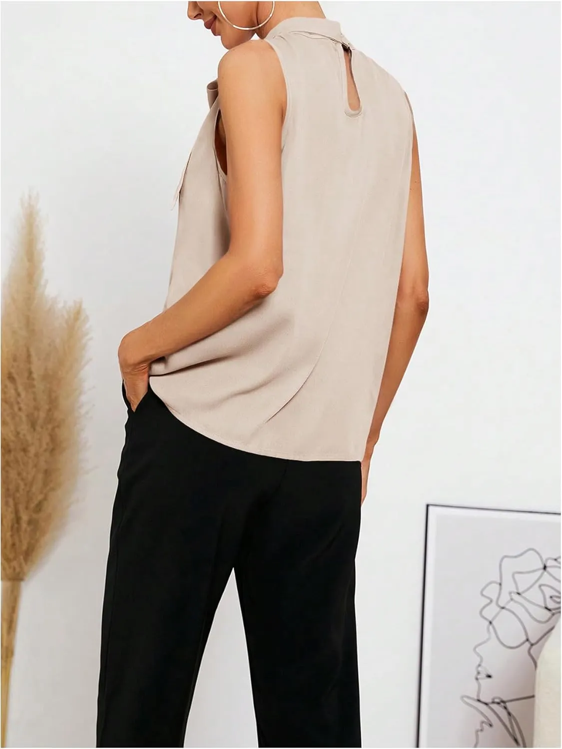 SweatyRocks Women's Elegant Sleeveless Stand Collar Tie Neck Blouse Tank Top