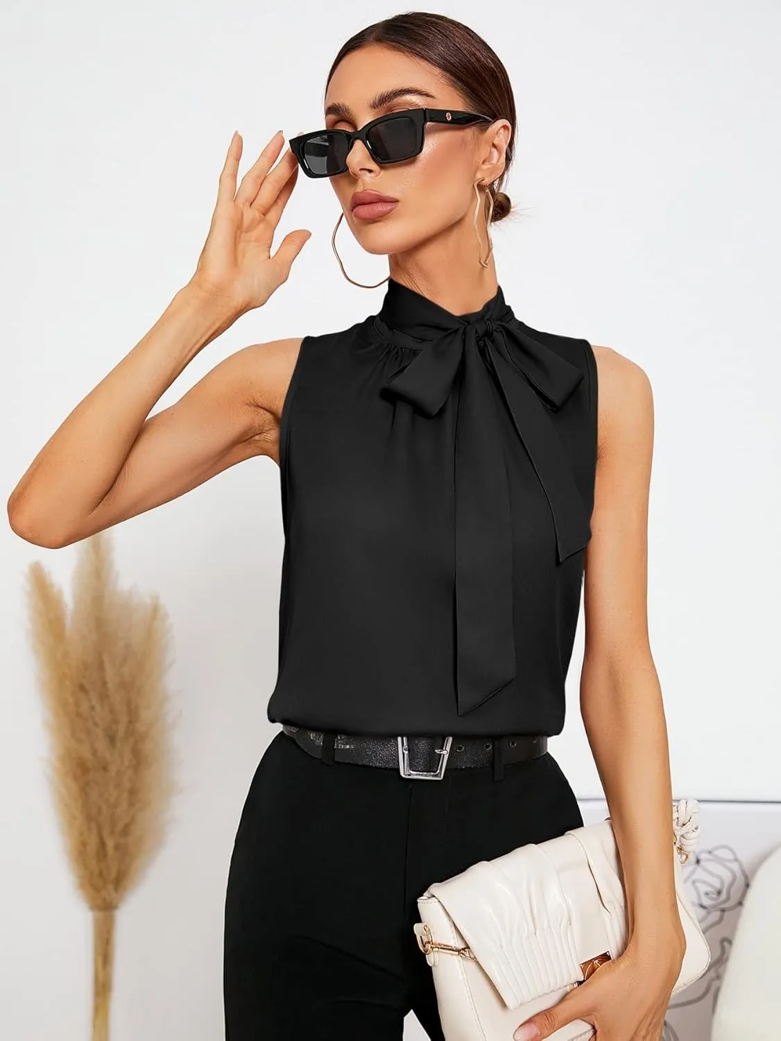 SweatyRocks Women's Elegant Sleeveless Stand Collar Tie Neck Blouse Tank Top
