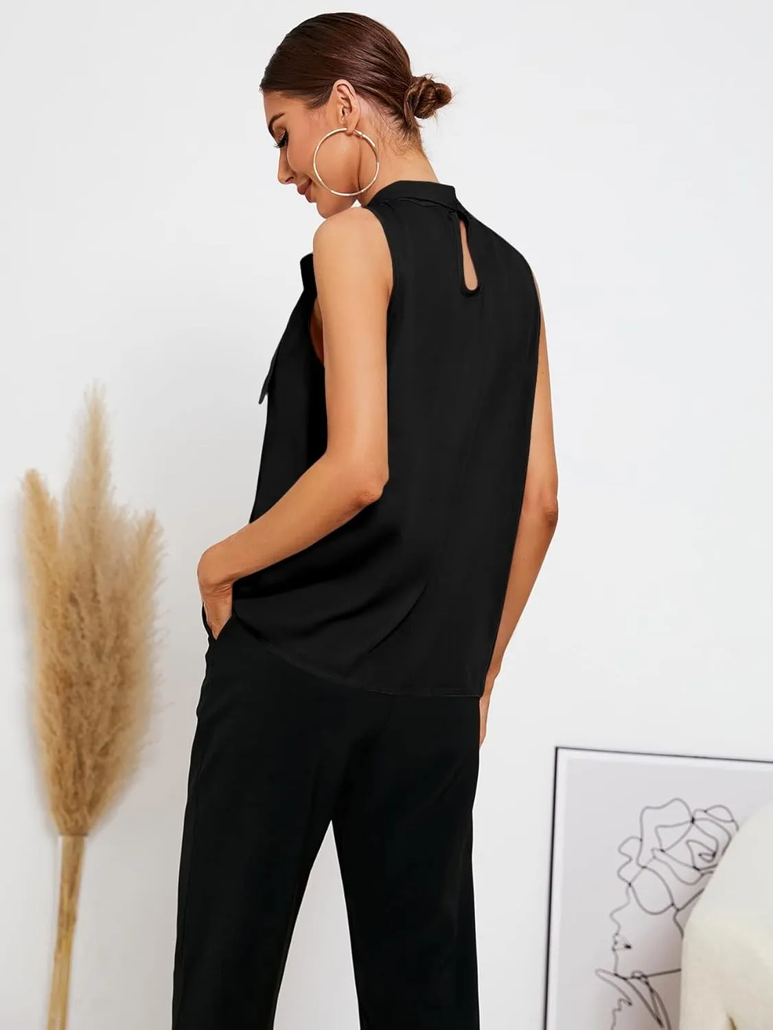 SweatyRocks Women's Elegant Sleeveless Stand Collar Tie Neck Blouse Tank Top