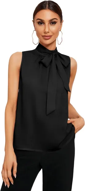 SweatyRocks Women's Elegant Sleeveless Stand Collar Tie Neck Blouse Tank Top