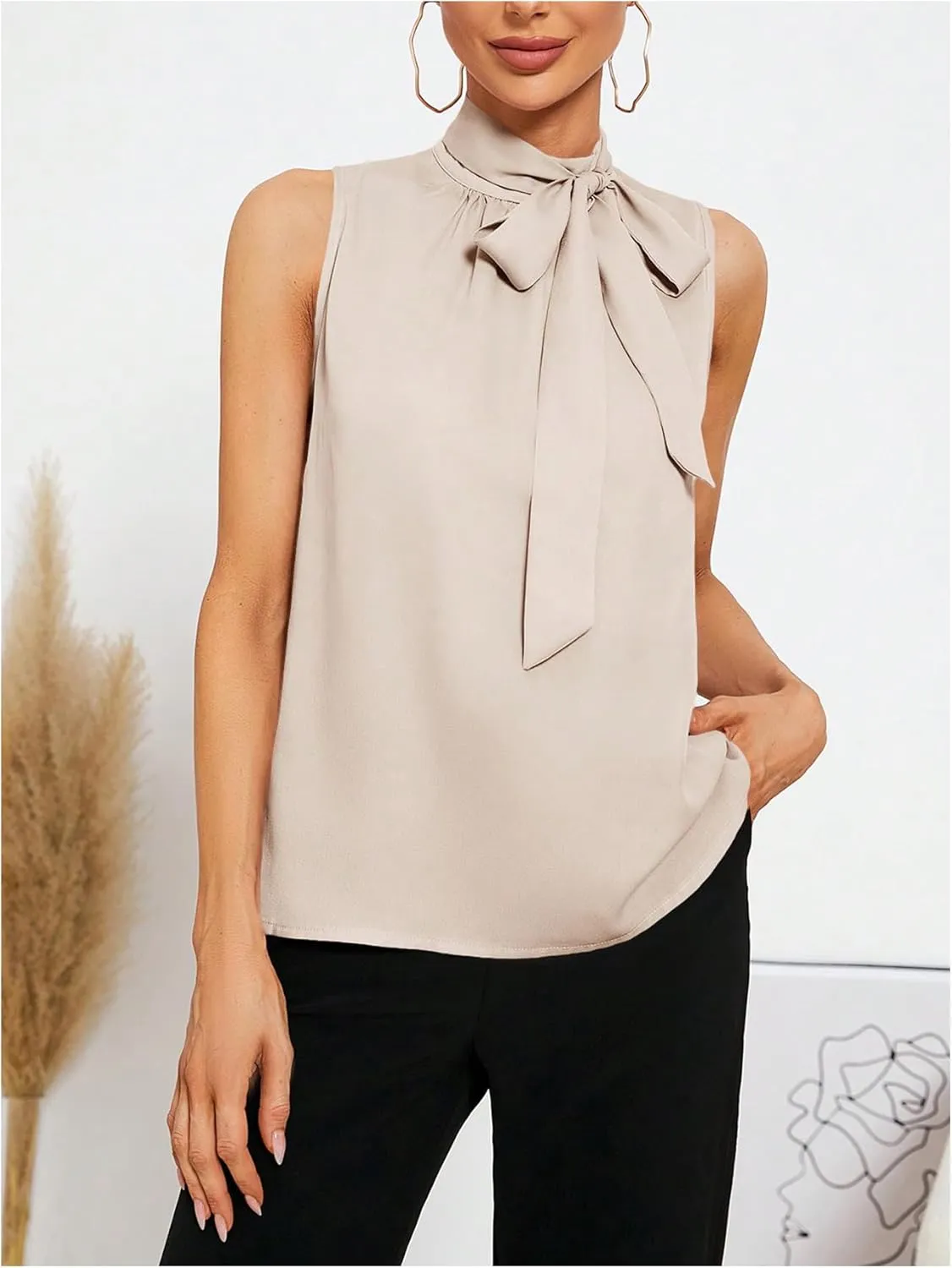 SweatyRocks Women's Elegant Sleeveless Stand Collar Tie Neck Blouse Tank Top