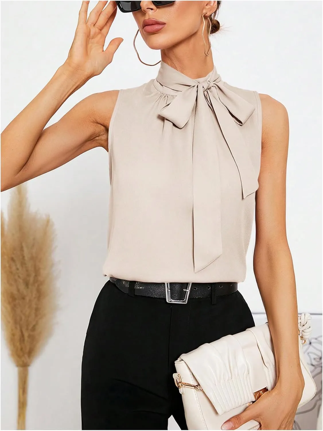 SweatyRocks Women's Elegant Sleeveless Stand Collar Tie Neck Blouse Tank Top