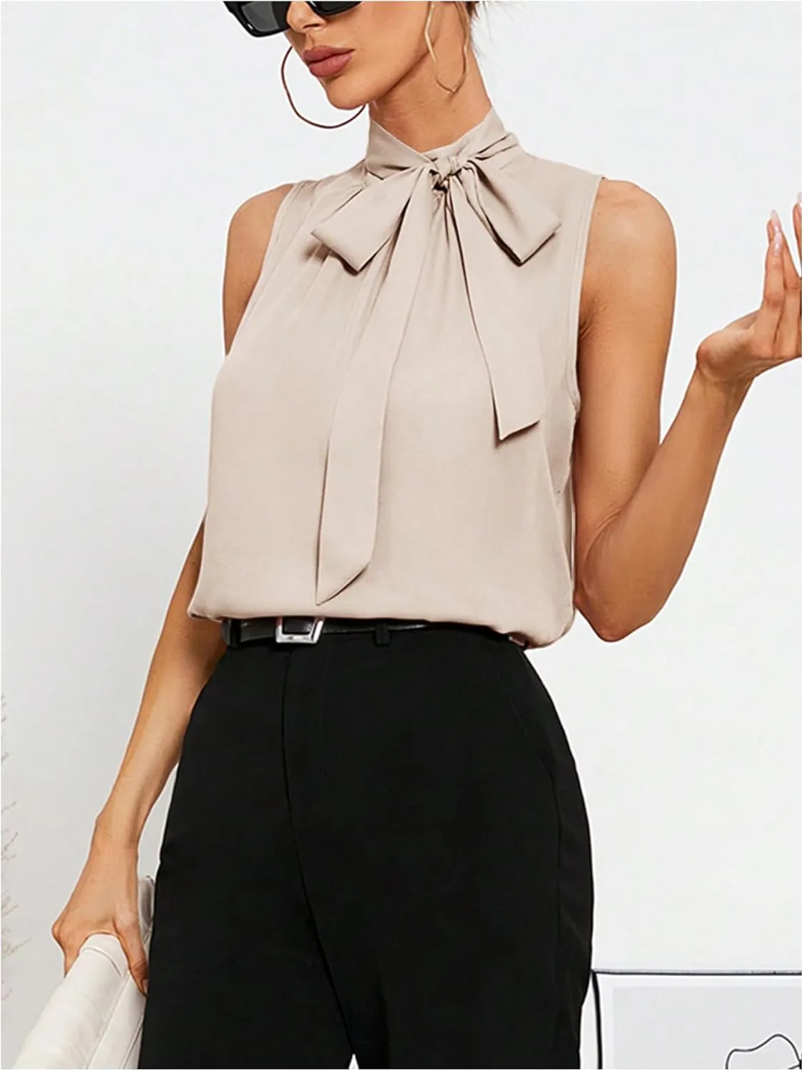 SweatyRocks Women's Elegant Sleeveless Stand Collar Tie Neck Blouse Tank Top