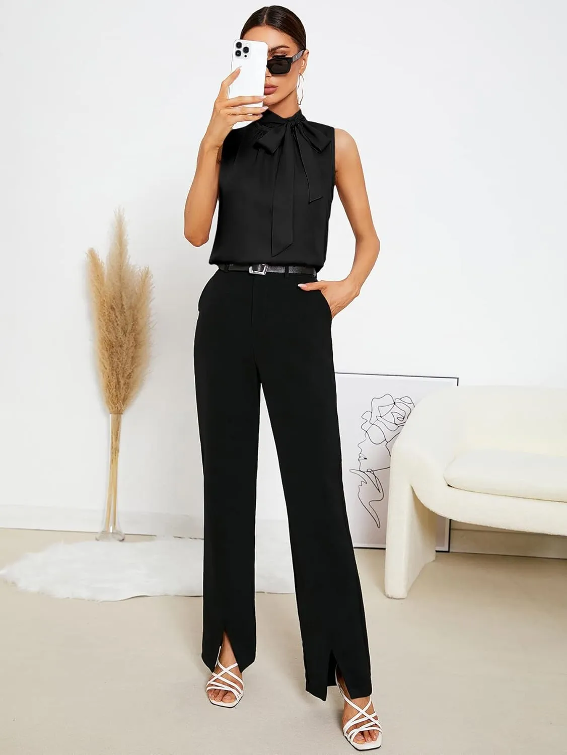 SweatyRocks Women's Elegant Sleeveless Stand Collar Tie Neck Blouse Tank Top