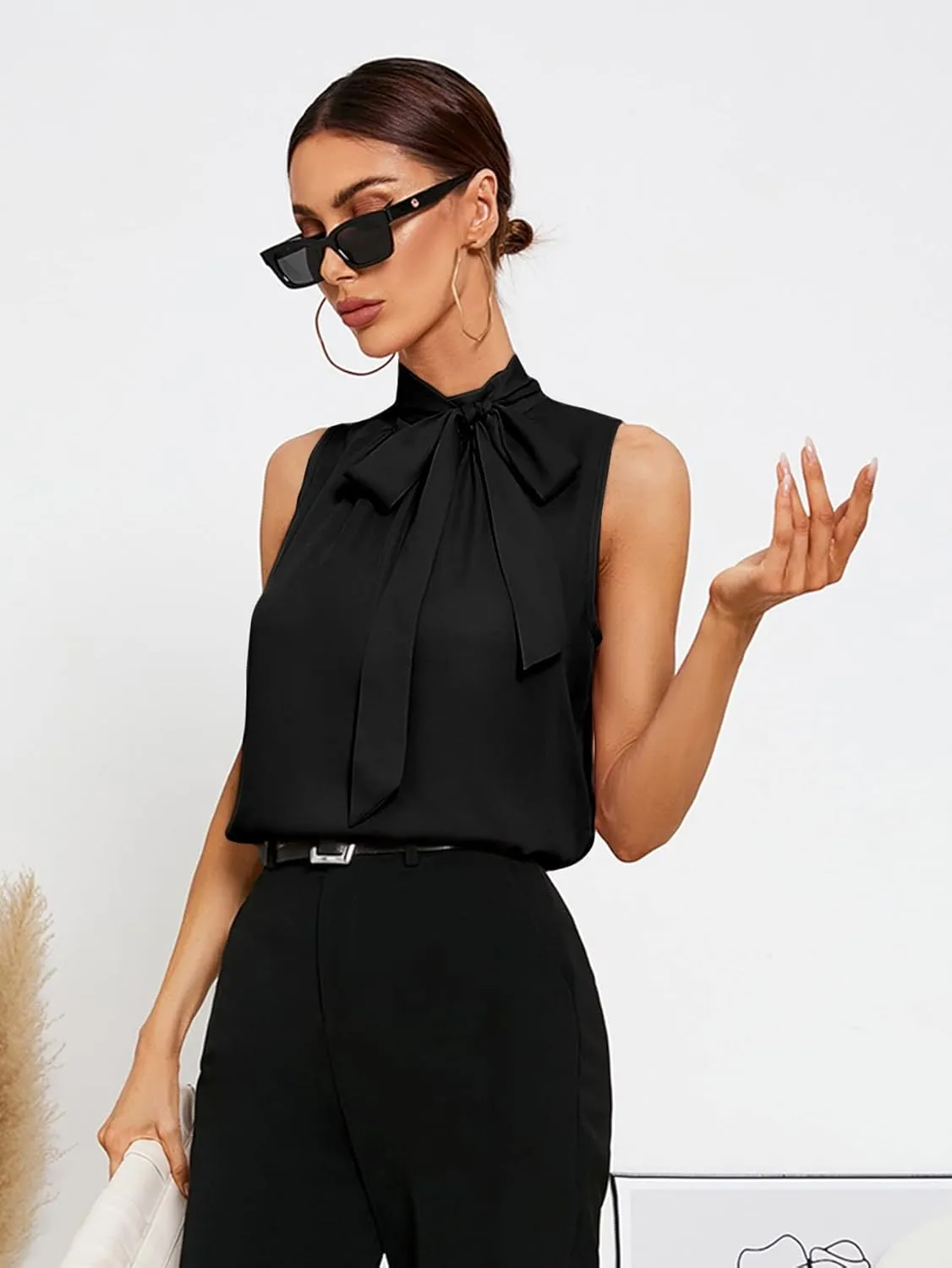 SweatyRocks Women's Elegant Sleeveless Stand Collar Tie Neck Blouse Tank Top