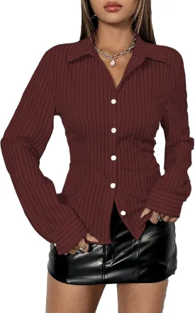 SweatyRocks Women's Striped Button Down Slim Fit Shirt Long Sleeve Collar Work Blouse Tops
