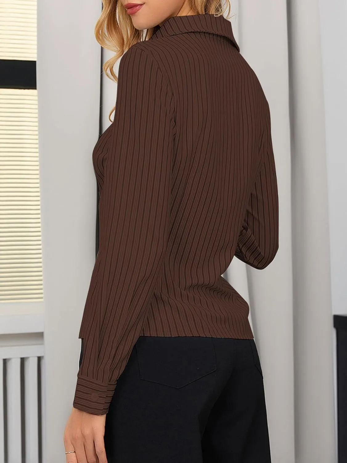 SweatyRocks Women's Striped Button Down Slim Fit Shirt Long Sleeve Collar Work Blouse Tops