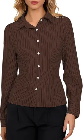 SweatyRocks Women's Striped Button Down Slim Fit Shirt Long Sleeve Collar Work Blouse Tops
