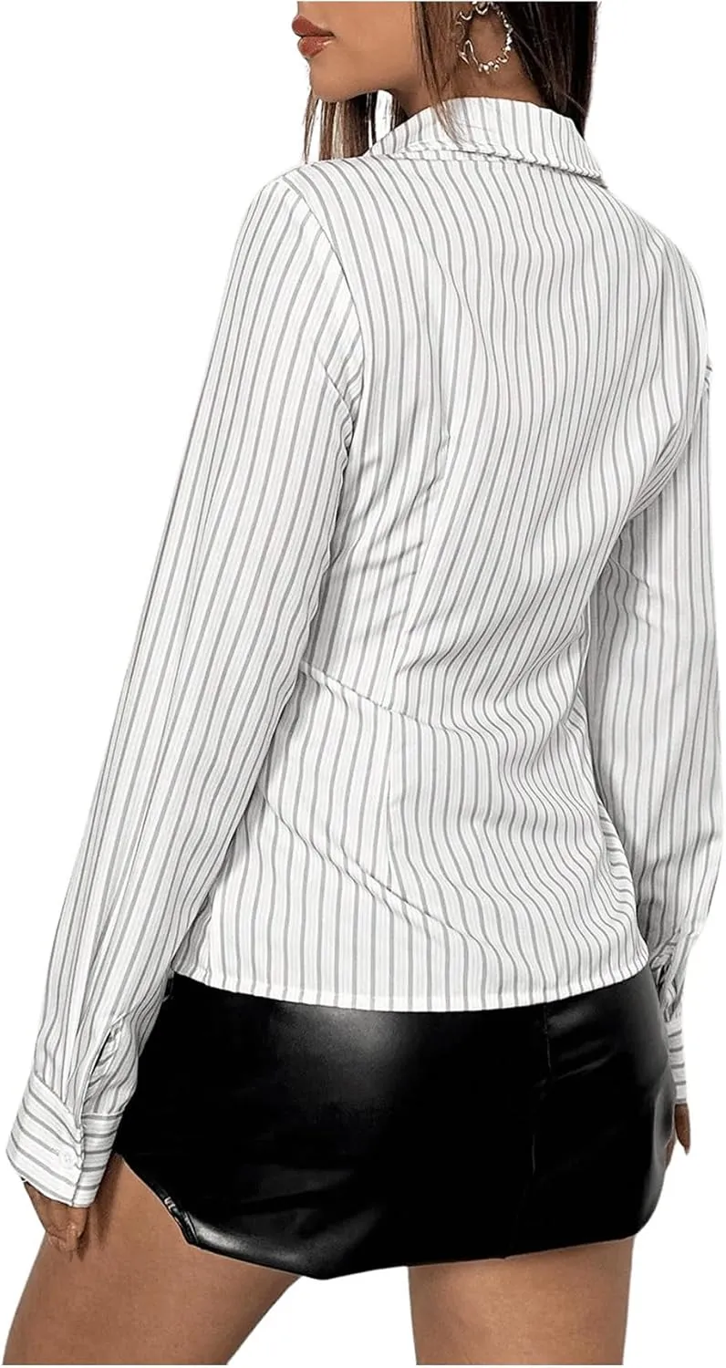 SweatyRocks Women's Striped Button Down Slim Fit Shirt Long Sleeve Collar Work Blouse Tops