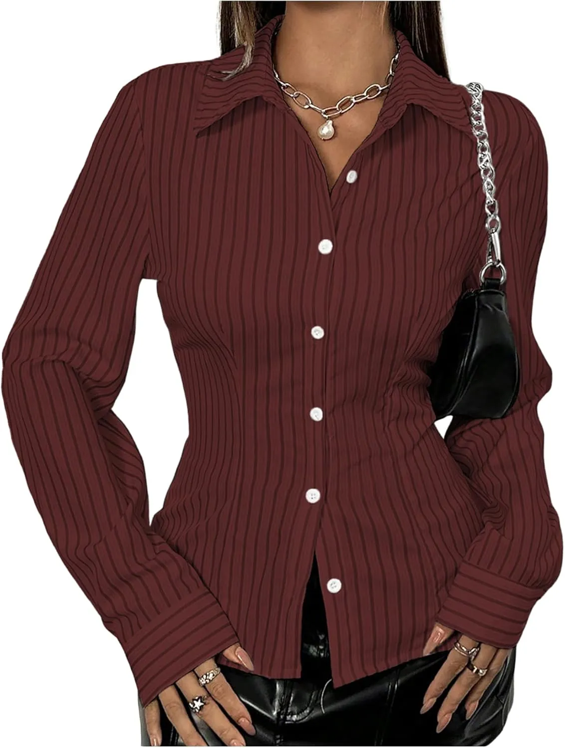 SweatyRocks Women's Striped Button Down Slim Fit Shirt Long Sleeve Collar Work Blouse Tops