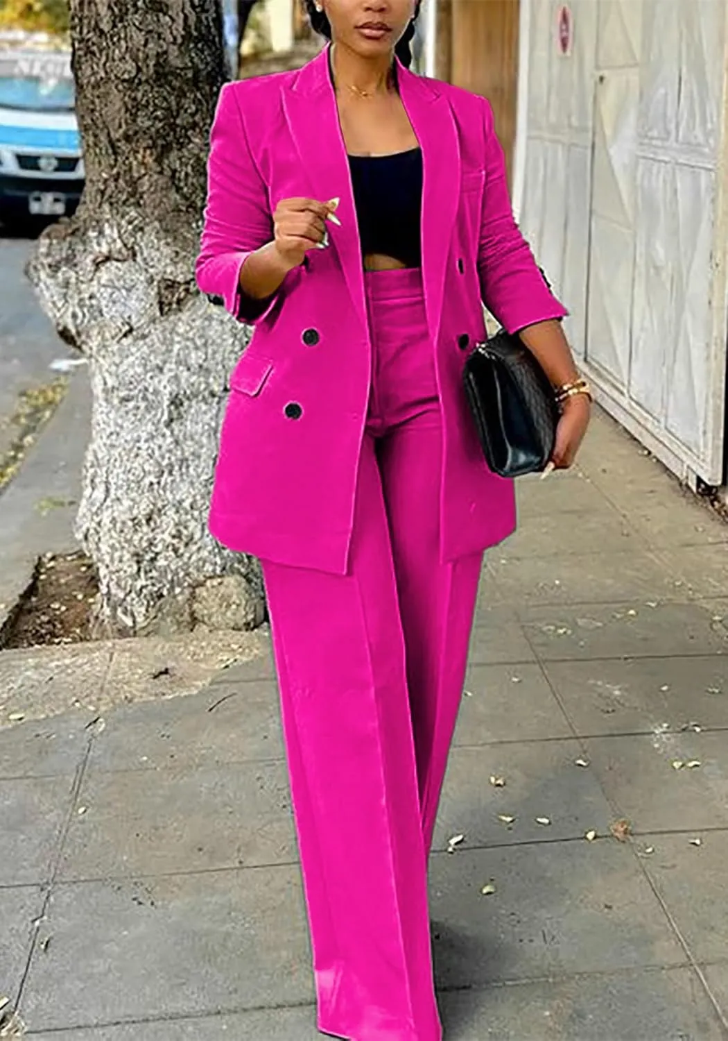 Tcremisa Women's Fashion Pants Suit 2 Piece Business Outfits Casual Double Breasted Blazer and Pant Sets