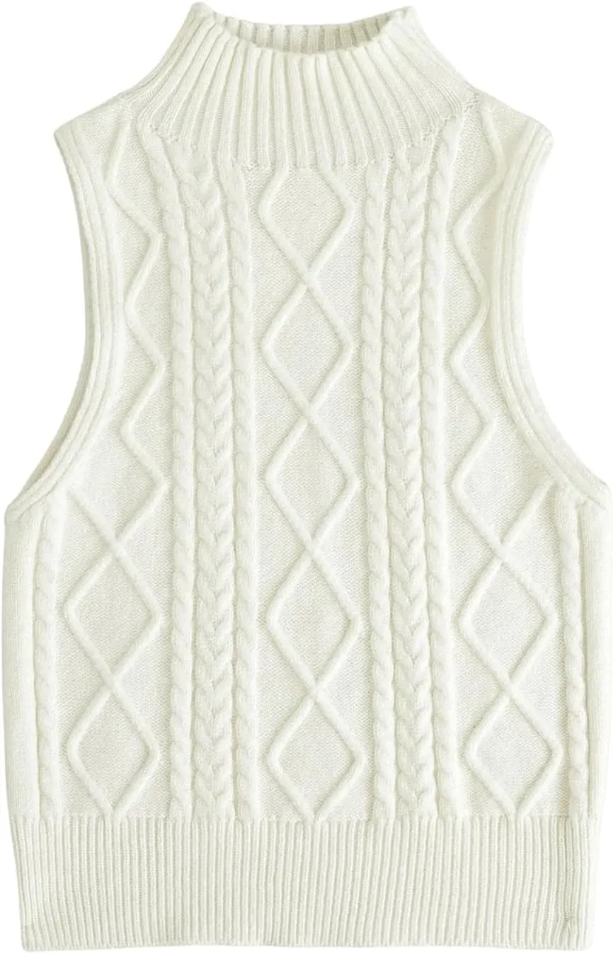 Verdusa Women's Cable Knit Crop Sweater Vest Mock Neck Sleeveless Knit Tops