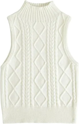 Verdusa Women's Cable Knit Crop Sweater Vest Mock Neck Sleeveless Knit Tops