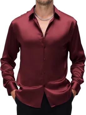 WARHORSEE Mens Silk Satin Dress Shirts Shiny Long Sleeve Button Down Shirt Party Prom Wedding Shirt