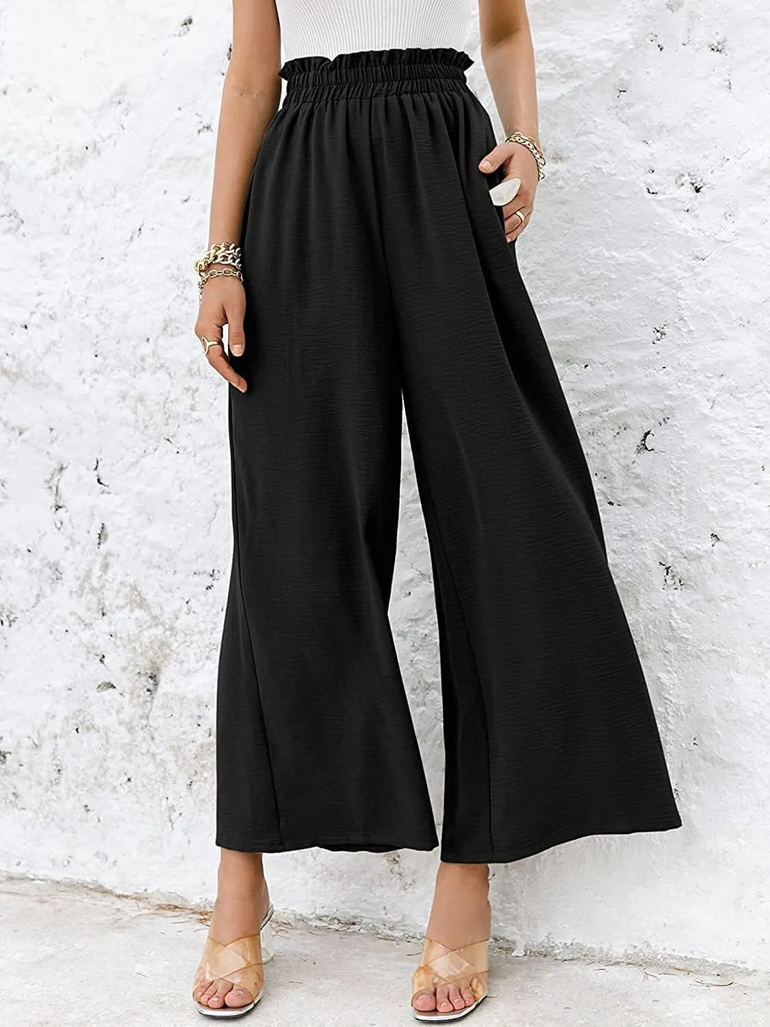 Wide Leg Pants for Women Linen Elastic Waist Joggers Straight Dress Pant Casual High Waist Summer Loose Fit Trousers