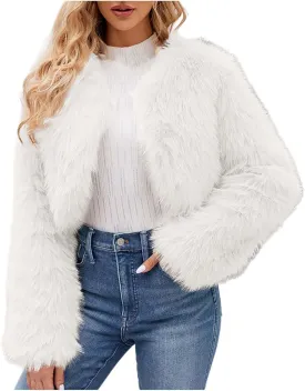 Women Faux Fur Cropped Jacket Plain Long Sleeve Coat Fuzzy Outerwear Solid Open Front Body Warmer Short Parka Coat
