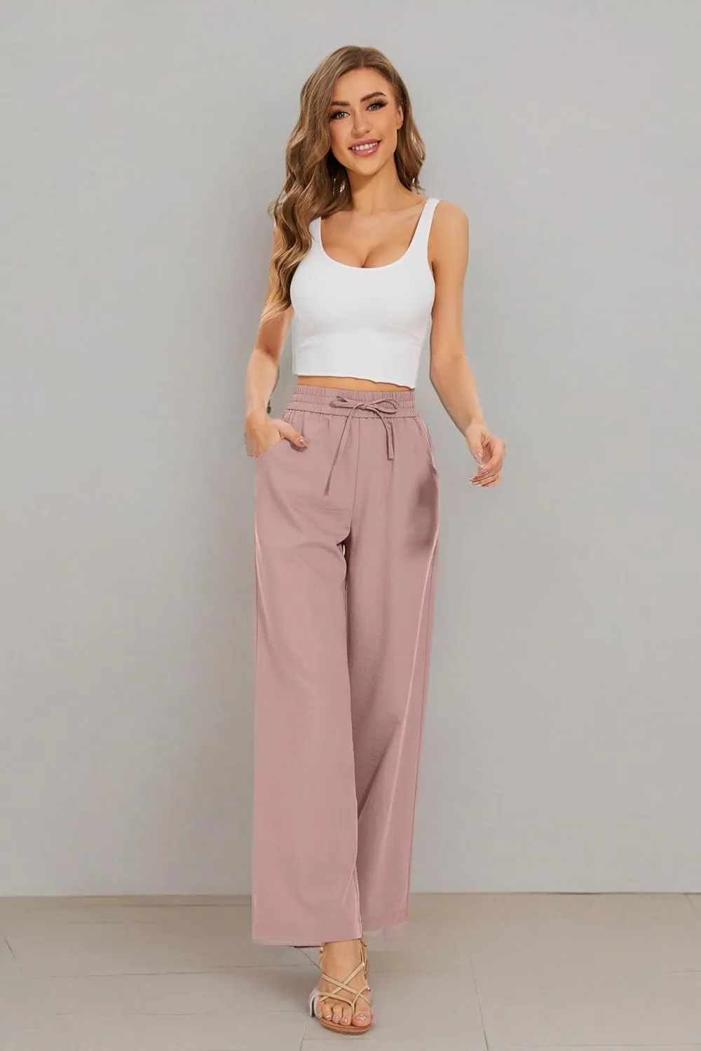 Women Flowy Pants Drawstring Waist Wide Leg Palazzo Beach Pants Loose Fit with Pockets