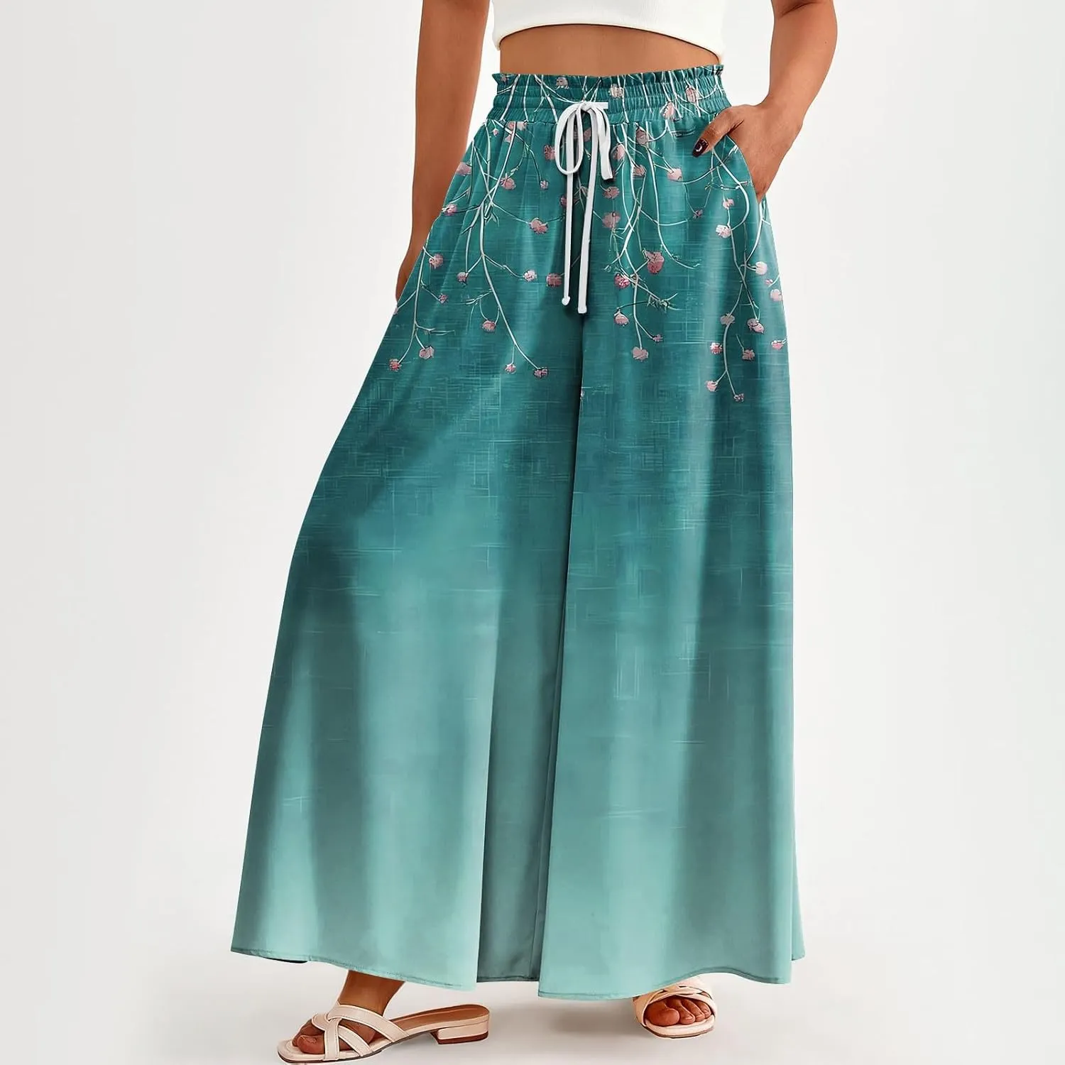 Women's 2025 Summer Wide Leg Palazzo Pants High Waisted That Look Like Skirts Flowy Pockets Lounge Boho Beach Trousers