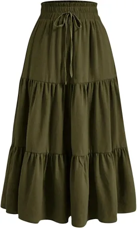 Womens High Elastic Waist Midi Skirt Summer Flowy Ruffle Pleated A line Skirts Lightweight Boho Tiered Skirt