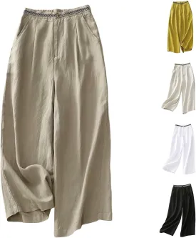 Women's Linen Cropped Wide Leg Pants Casual Waistband lace Palazzo Lightweight Beach Trousers Outfits with Pockets