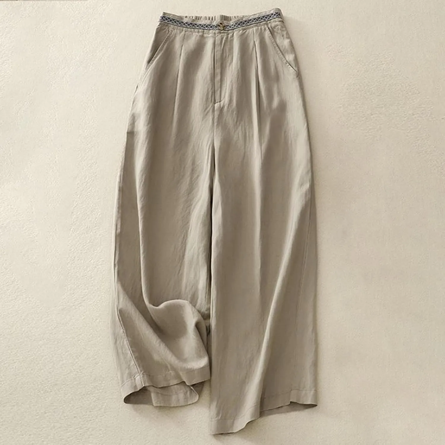 Women's Linen Cropped Wide Leg Pants Casual Waistband lace Palazzo Lightweight Beach Trousers Outfits with Pockets