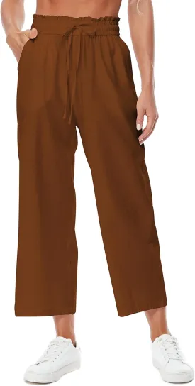Womens Linen Pants Wide Leg High Waisted Drawstring Casual Loose Beach Pants with Pockets