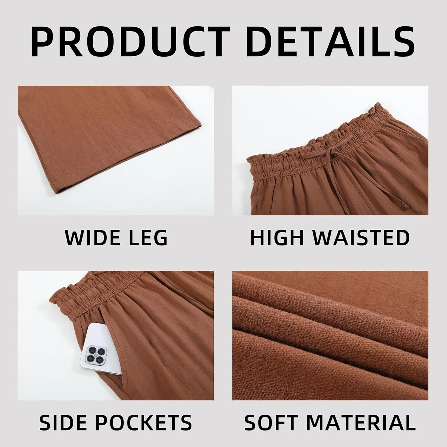 Womens Linen Pants Wide Leg High Waisted Drawstring Casual Loose Beach Pants with Pockets