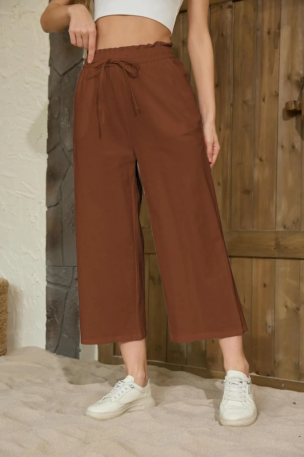 Womens Linen Pants Wide Leg High Waisted Drawstring Casual Loose Beach Pants with Pockets